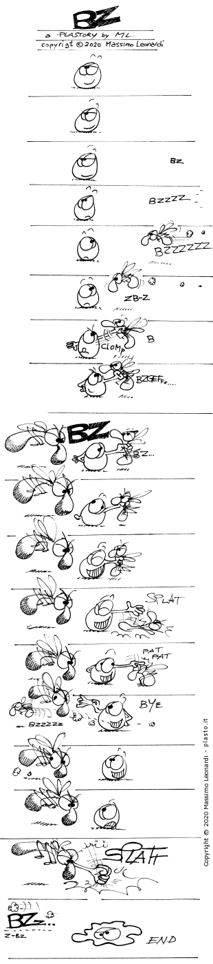 Plasto, un po' bullo e dispettoso, importuna impunemente uno zanzarino. Ma babbo Zanzo è nei dintorni...